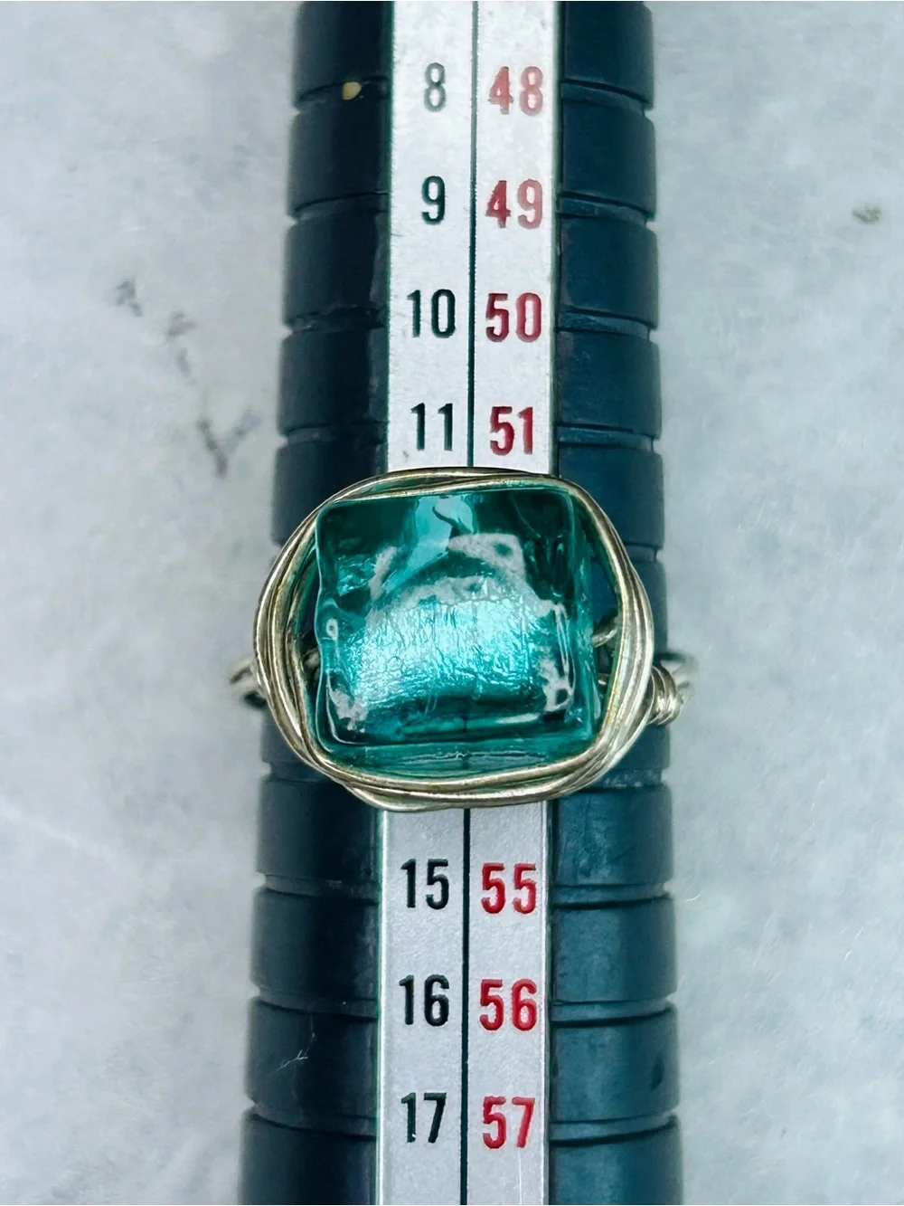 Vintage Artisan Wire Wrapped Aqua Glass Statement Ring (c. 2000s–2010s)